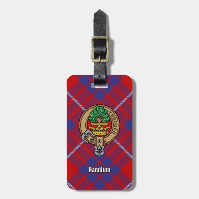 Clan Hamilton Crest over Red Tartan Luggage Tag (Front Vertical)