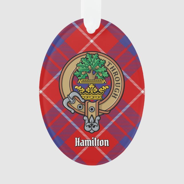 Clan Hamilton Crest over Red Tartan Ornament (Front)