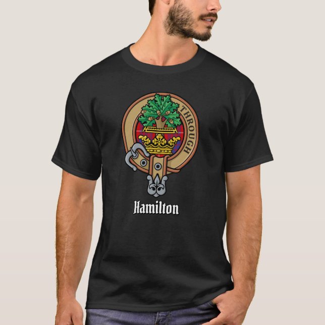 Clan Hamilton Crest over Red Tartan T-Shirt (Front)