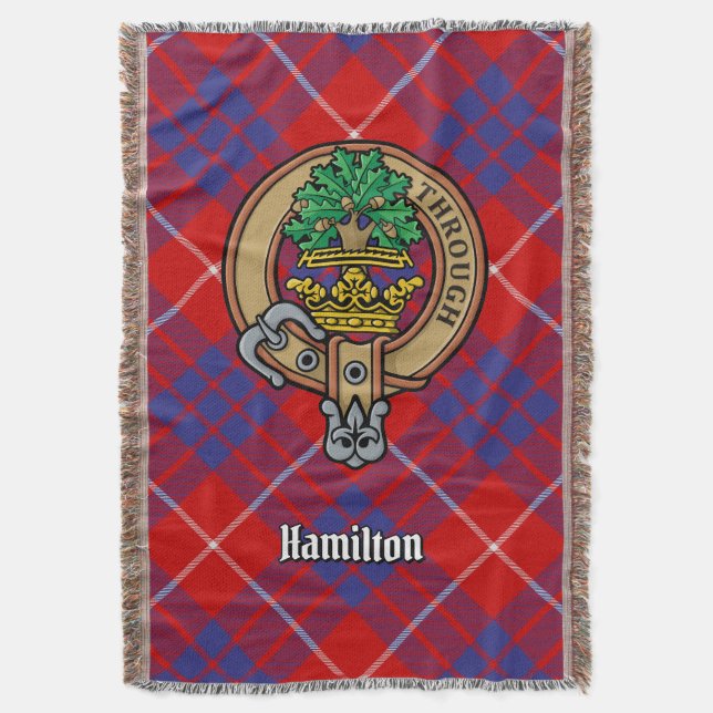 Clan Hamilton Crest over Red Tartan Throw Blanket (Front Vertical)