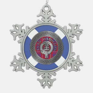 Clan Hamilton Crest & Tartan Knot Snowflake Pewter Christmas Ornament