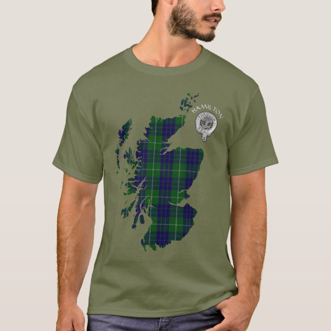 Clan Hamilton Hunting Tartan Map & Crest T-Shirt (Front)