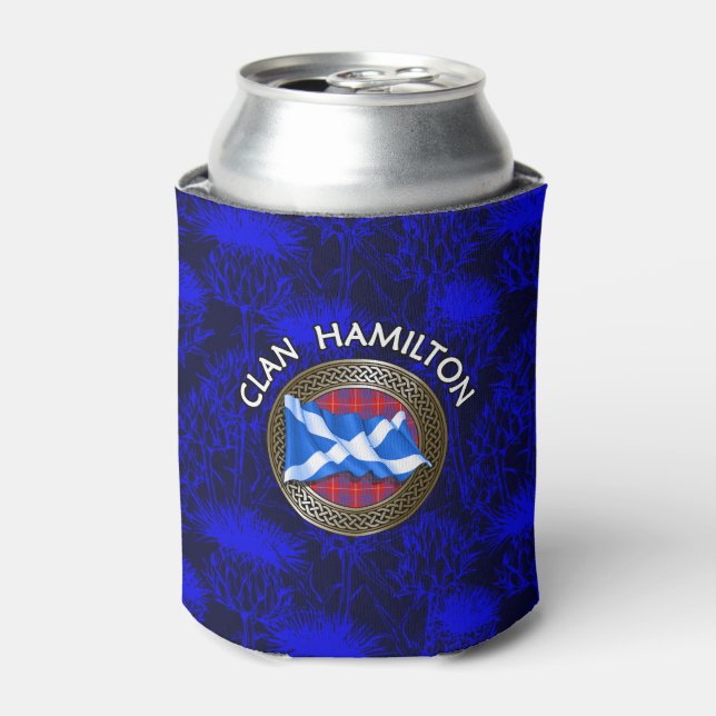 Clan Hamilton Tartan Knot & Flag Can Cooler (Can Front)