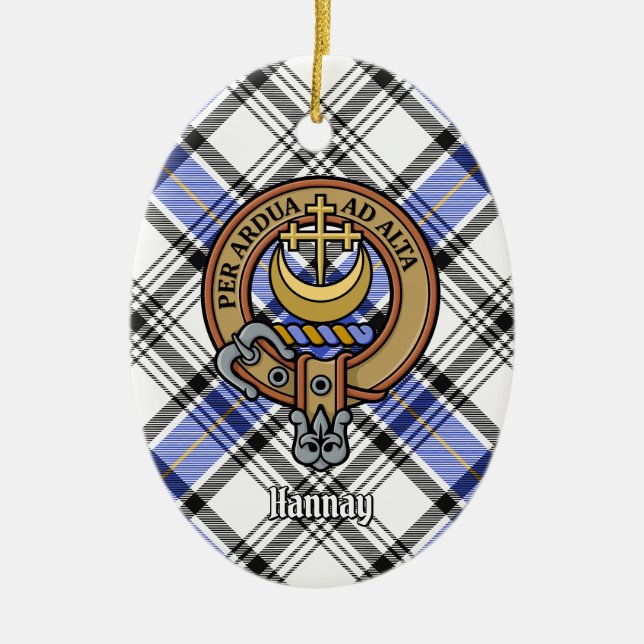 Clan Hannay Crest over Tartan Ceramic Tree Decoration (Front)