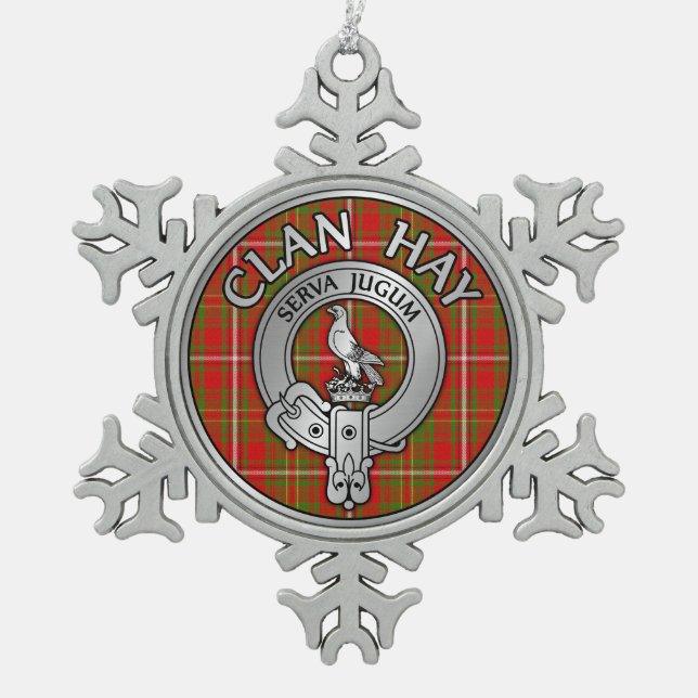 Clan Hay Crest & Tartan Snowflake Pewter Christmas Ornament (Front)