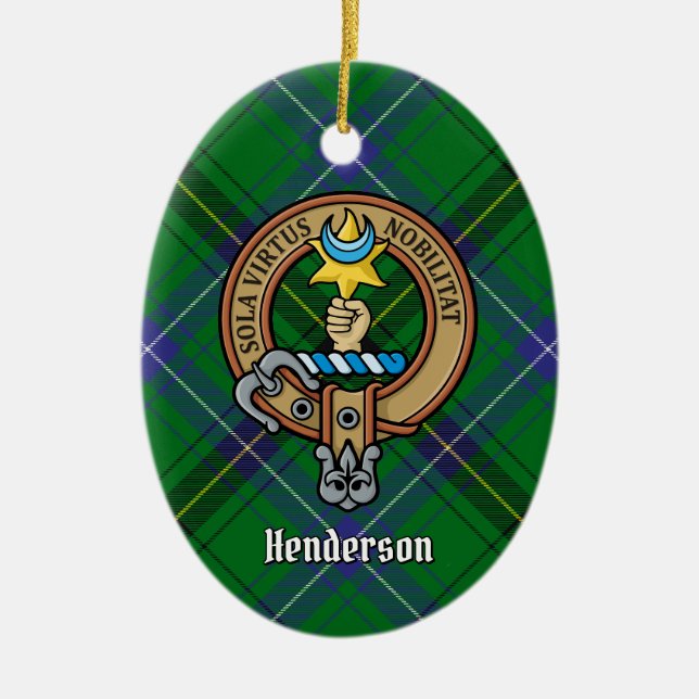 Clan Henderson Crest over Tartan Ceramic Tree Decoration (Front)