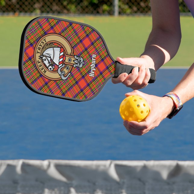 Clan Hepburn Crest over Tartan Pickleball Paddle (Insitu)
