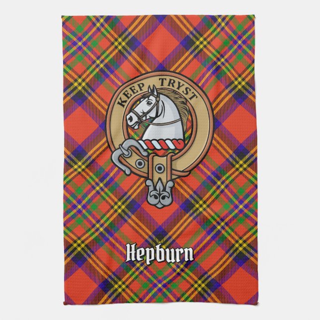 Clan Hepburn Crest over Tartan Tea Towel (Vertical)