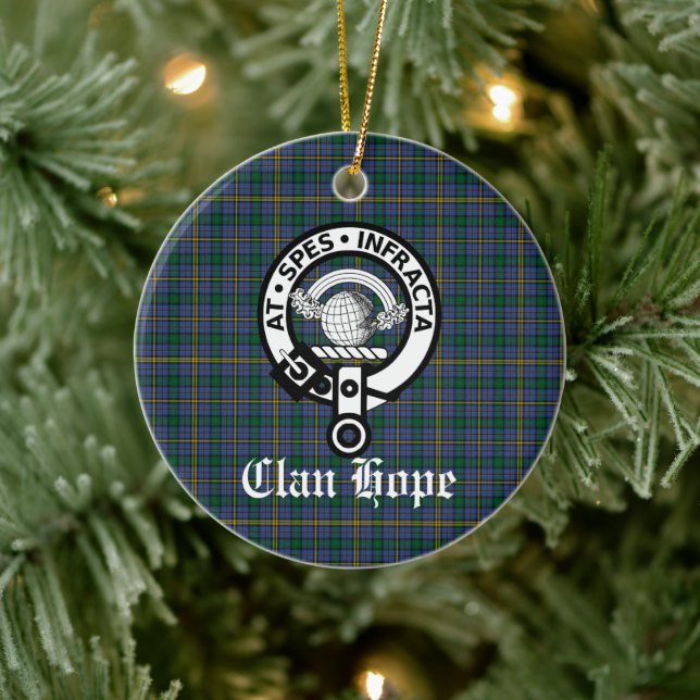 Clan Hope Crest Badge & Tartan Ceramic Tree Decoration (Tree)