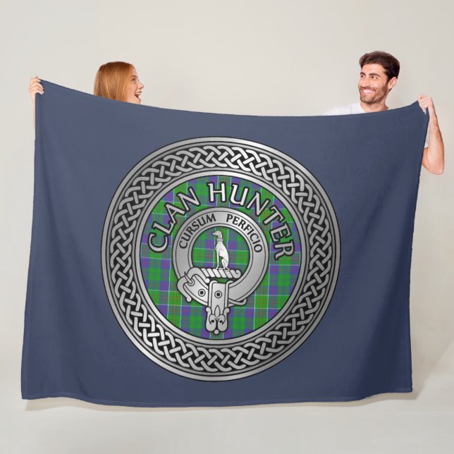 Clan Hunter Crest & Tartan Knot Fleece Blanket (In Situ)