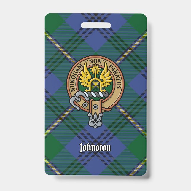 Clan Johnston Crest over Tartan ID Badge (Front)