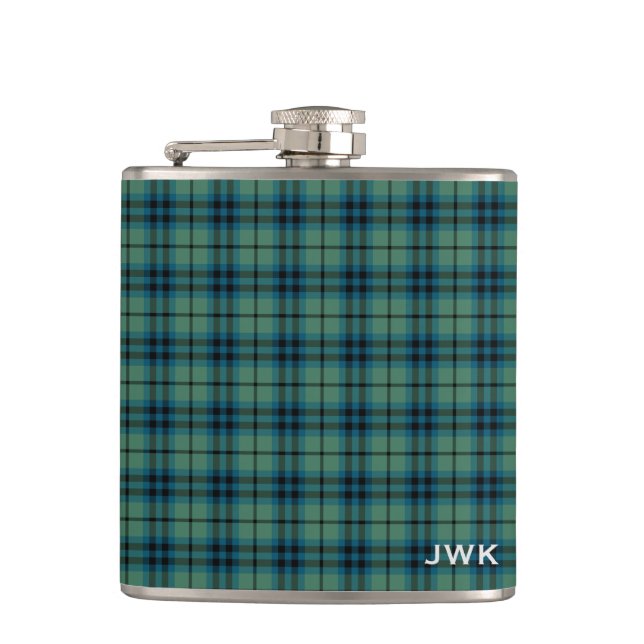Clan Keith Light Green Scottish Tartan Monogram Hip Flask (Front)