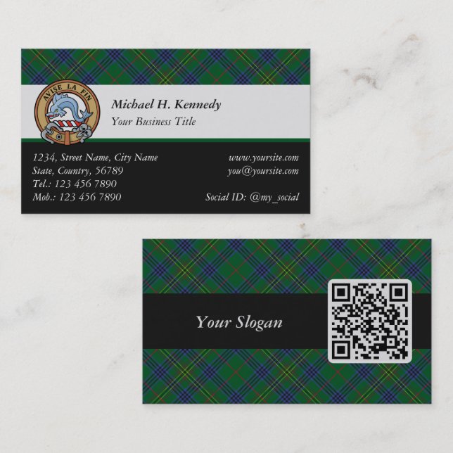 Clan Kennedy Crest over Tartan Business Card (Front/Back)