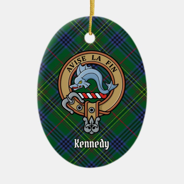 Clan Kennedy Crest over Tartan Ceramic Tree Decoration (Front)