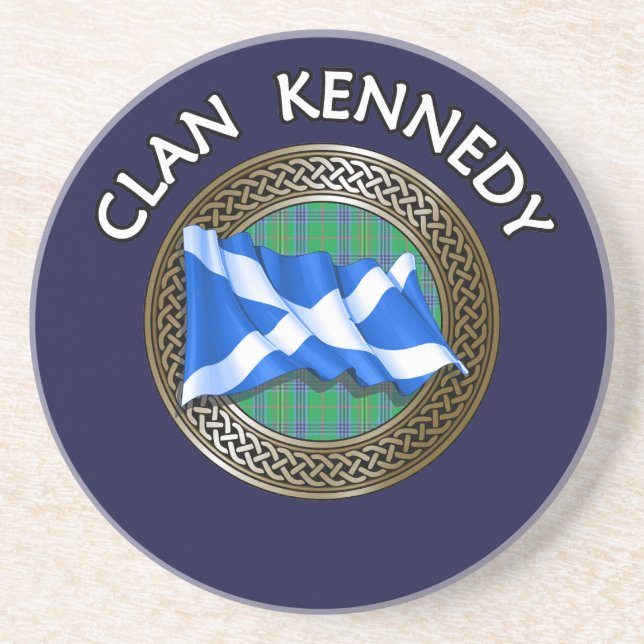 Clan Kennedy Tartan Knot & Flag Coaster (Front)