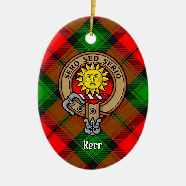 Clan Kerr Crest over Tartan Ceramic Ornament (Front)