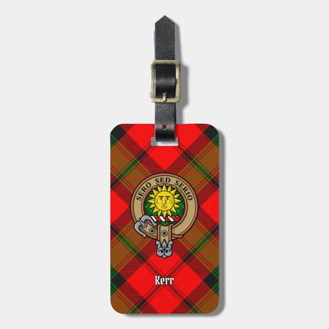 Clan Kerr Crest over Tartan Luggage Tag (Front Vertical)