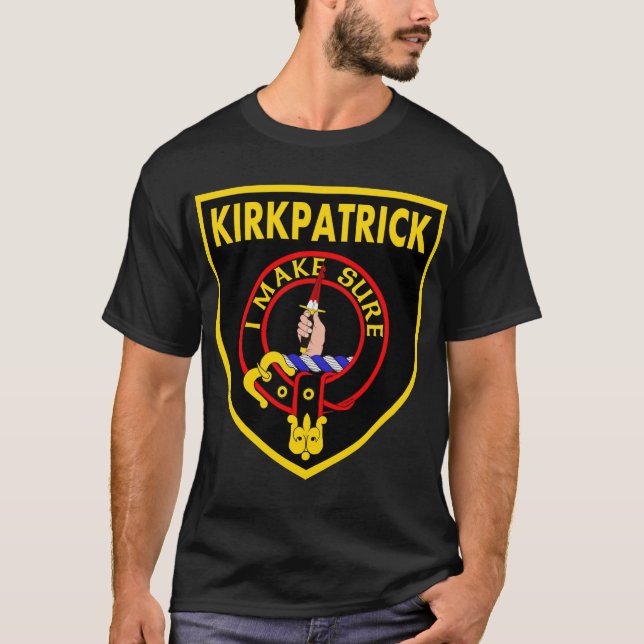 Clan Kirkpatrick LARGE logo on black T-shirt (Front)