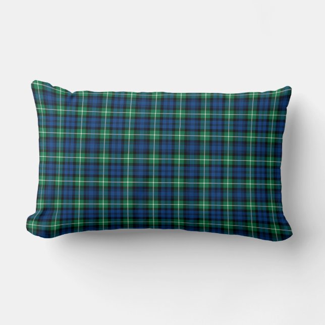 Clan Lamont Tartan Royal Blue and Green Plaid Lumbar Cushion (Front)