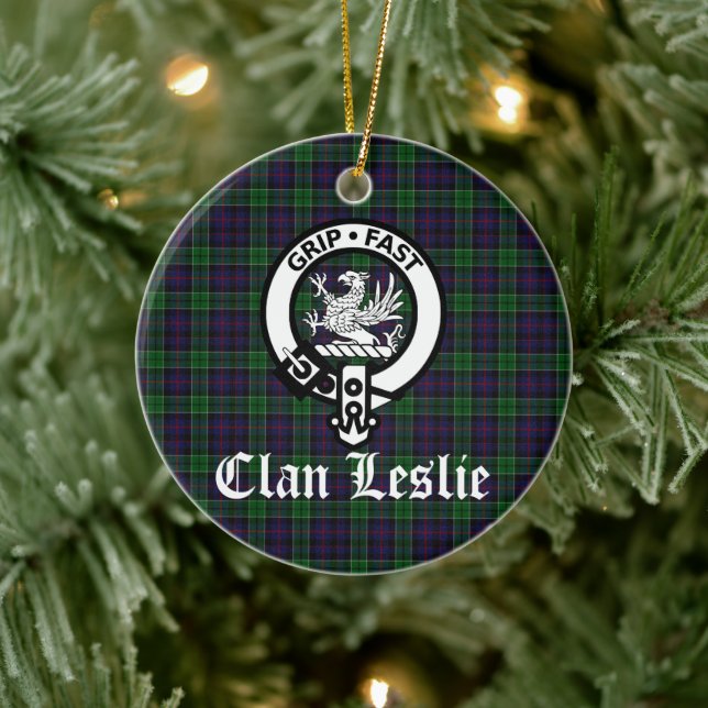 Clan Leslie Crest Badge and Tartan Ceramic Tree Decoration (Tree)