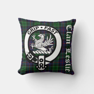 Clan Leslie Crest Badge & Tartan Cushion