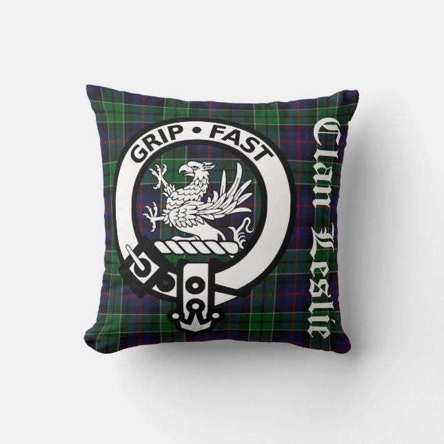 Clan Leslie Crest Badge & Tartan Cushion (Front)