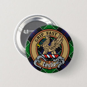 Clan Leslie Crest over Hunting Tartan 6 Cm Round Badge