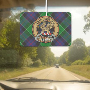 Clan Leslie Crest over Hunting Tartan Car Air Freshener