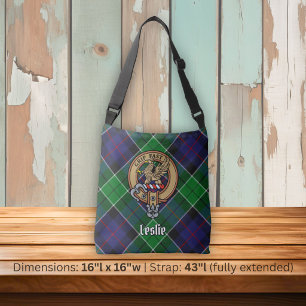 Clan Leslie Crest over Hunting Tartan Crossbody Bag