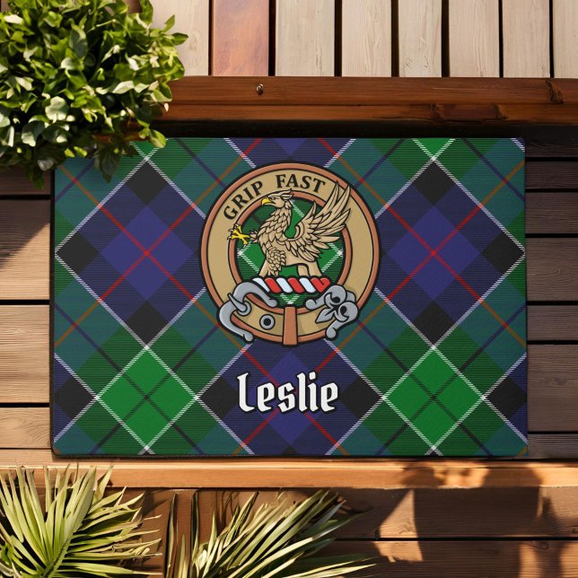 Clan Leslie Crest over Hunting Tartan Doormat (Creator Uploaded)