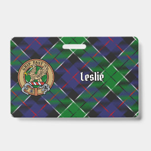 Clan Leslie Crest over Hunting Tartan ID Badge