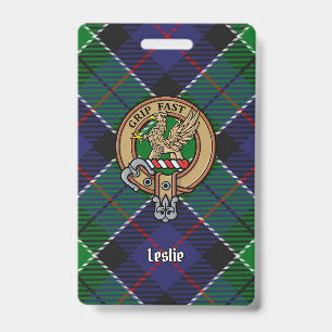 Clan Leslie Crest over Hunting Tartan ID Badge