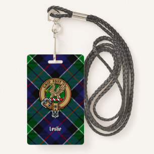 Clan Leslie Crest over Hunting Tartan ID Badge