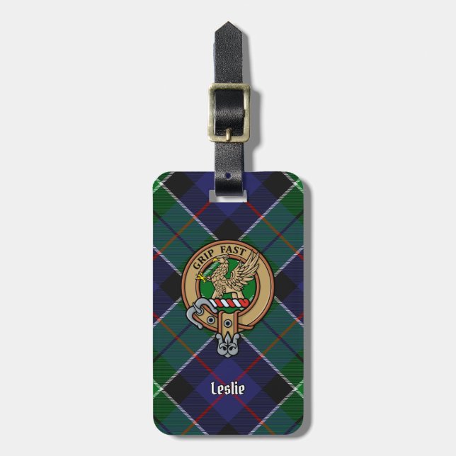 Clan Leslie Crest over Hunting Tartan Luggage Tag (Front Vertical)