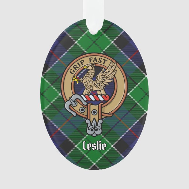 Clan Leslie Crest over Hunting Tartan Ornament (Front)