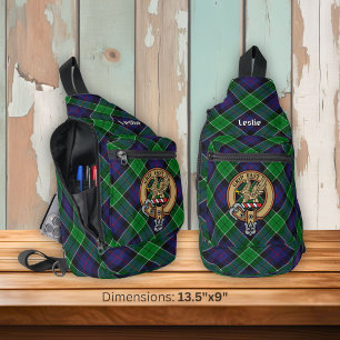 Clan Leslie Crest over Hunting Tartan Sling Bag