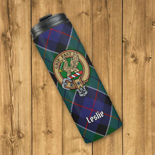 Clan Leslie Crest over Hunting Tartan Thermal Tumbler