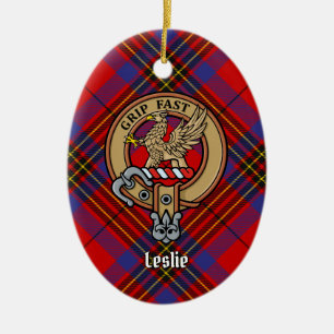 Clan Leslie Crest over Red Tartan Ceramic Tree Decoration