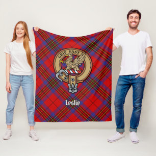 Clan Leslie Crest over Red Tartan Fleece Blanket