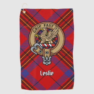 Clan Leslie Crest over Red Tartan Golf Towel