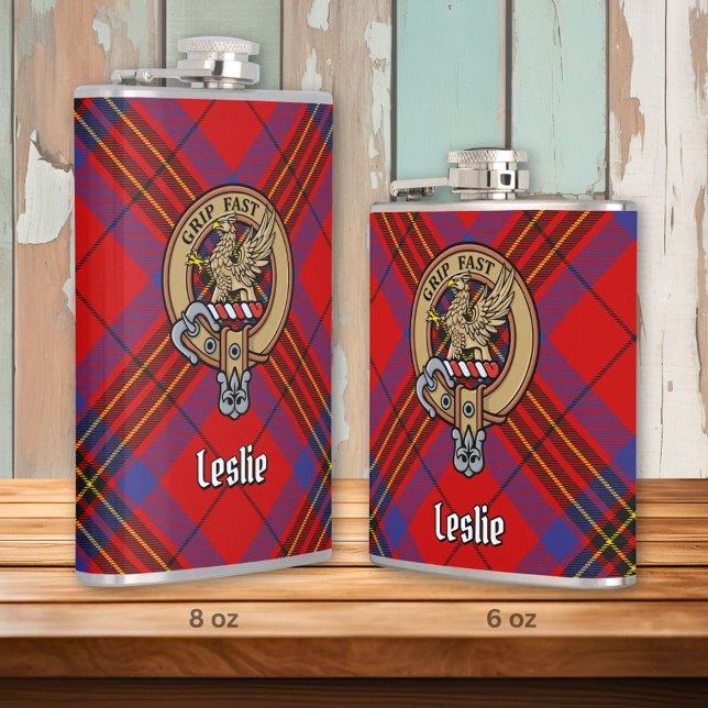 Clan Leslie Crest over Red Tartan Hip Flask (Creator Uploaded)