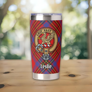 Clan Leslie Crest over Red Tartan Insulated Tumbler