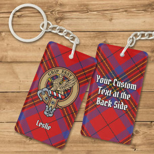 Clan Leslie Crest over Red Tartan Key Ring