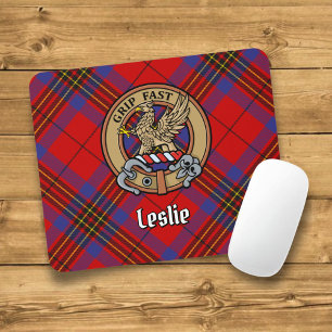 Clan Leslie Crest over Red Tartan Mouse Pad