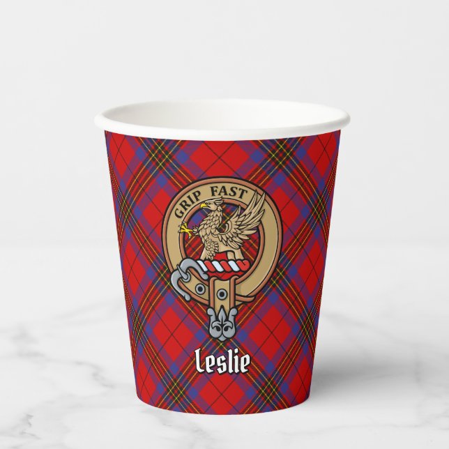 Clan Leslie Crest over Red Tartan Paper Cups (Front)