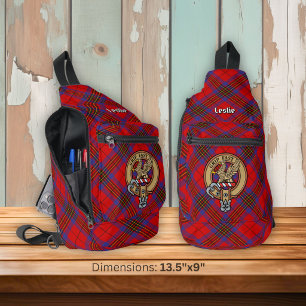 Clan Leslie Crest over Red Tartan Sling Bag