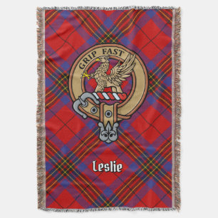 Clan Leslie Crest over Red Tartan Throw Blanket