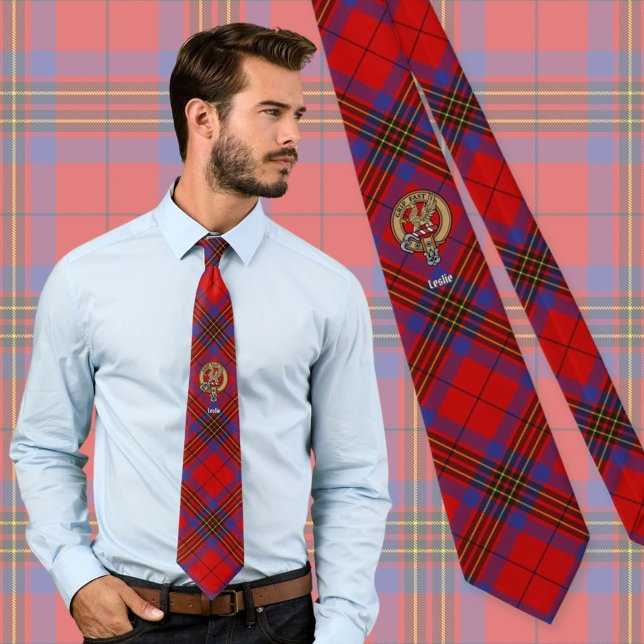 Clan Leslie Crest over Red Tartan Tie (Creator Uploaded)