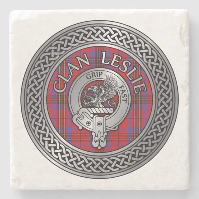 Clan Leslie Crest & Tartan Knot Stone Coaster (Front)