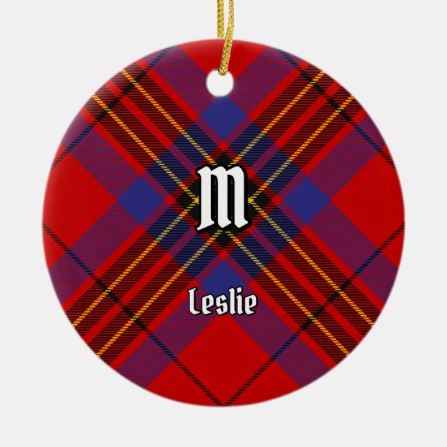 Clan Leslie Red Tartan Ceramic Tree Decoration (Front)